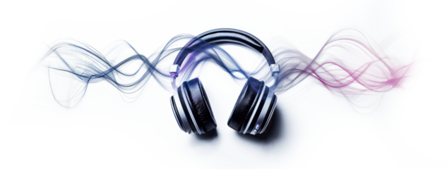Colorful sound waves emanate from stylish headphones on a transparent background