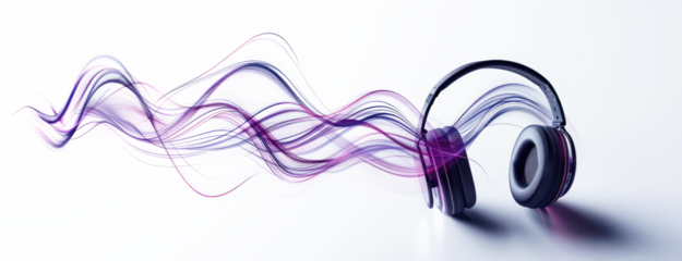 Colorful sound waves emanate from sleek modern headphones on a transparent background