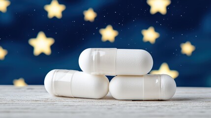 Melatonin sleep aid capsules with dreamy stars background