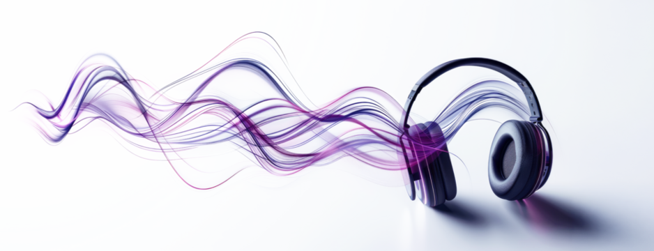 Colorful sound waves emanate from sleek modern headphones on a transparent background