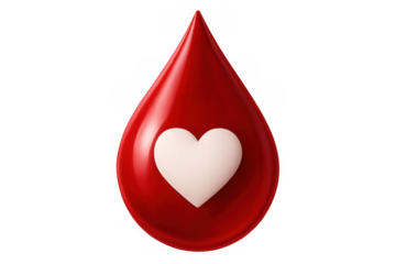 Blood droplet showing crimson color, white heart shape symbolizing medical donation, healthcare support against neutral backdrop