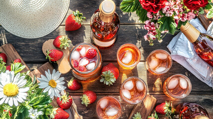 Refreshing summer drink with strawberries and ice arranged on a rustic table adorned with flowers and a sun hat