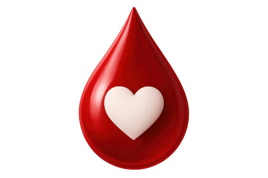 Blood droplet showing crimson color, white heart shape symbolizing medical donation, healthcare support against neutral backdrop