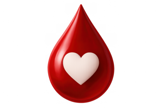 Blood droplet showing crimson color, white heart shape symbolizing medical donation, healthcare support against neutral backdrop