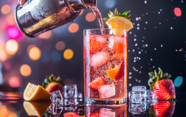 Refreshing fruit cocktail being poured into a glass, sparkling bubbles, ice cubes, and garnished with lemon and strawberry
