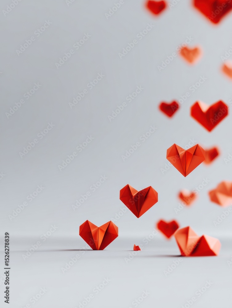 Poster floating red origami hearts gently cascade over a calm gradient background, creating a serene and ro