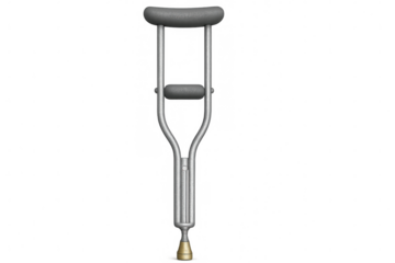 Single metal crutch on a transparent background, representing mobility aid, injury recovery, and physical therapy