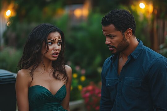 A surprised woman in a green dress and a man in a dark shirt have a serious discussion outside at night.