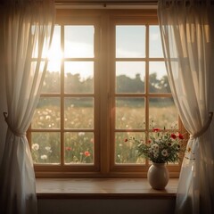 Photorealistic wooden window with sheer curtains, wildflowers on the sill at the right side, and a sunlit blooming summer meadow outside. 