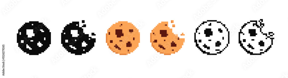 Poster pixelated cookie designs showing stages of being eaten, featuring a playful and retro game style.