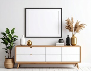 Minimalist interior with blank frame sideboard plant and decorative vases against a white wall