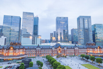 Tokyo Station begins its nighttime illumination at sunset, May 2025, Tokyo, Japan. 東京駅