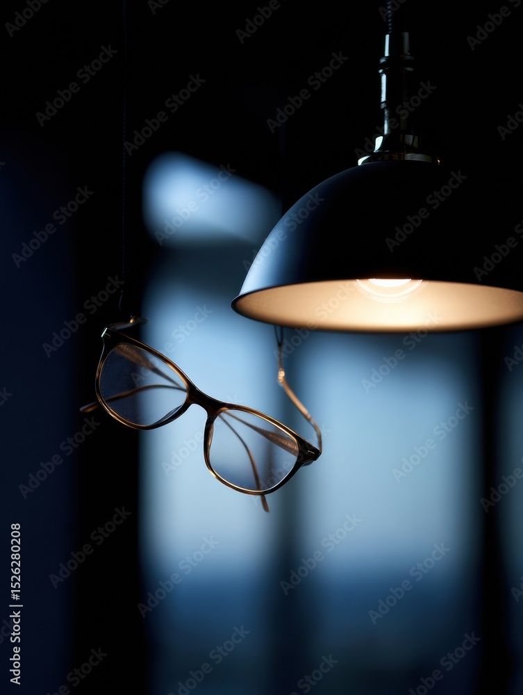 Poster Glasses Hanging From a Reading Light in an Evening Atmosphere With a Dim Ambiance and Empty Top Zone