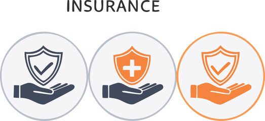 Vector Insurance Concept Illustration with Hands Holding Shields and Icons of Protection and Health