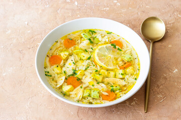 Lemon chicken orzo soup. Recipe. Italian food.