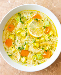 Lemon chicken orzo soup. Recipe. Italian food.