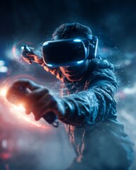 Person immersed in virtual reality using VR headset and hand controls