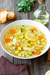 Lemon chicken orzo soup. Recipe. Italian food.