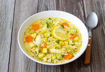 Lemon chicken orzo soup. Recipe. Italian food.