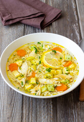 Lemon chicken orzo soup. Recipe. Italian food.