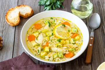 Lemon chicken orzo soup. Recipe. Italian food.