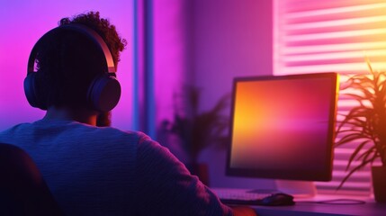 Distance learning setup with focused student using headphones,