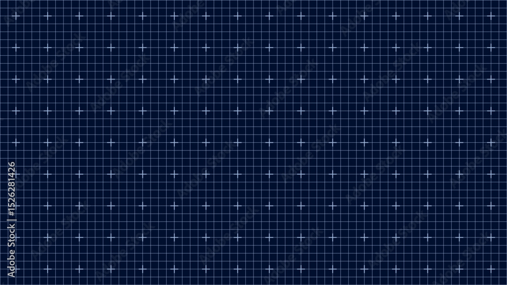 Poster dark blue grid with higher density of plus signs, precise technical pattern, symmetrical layout idea