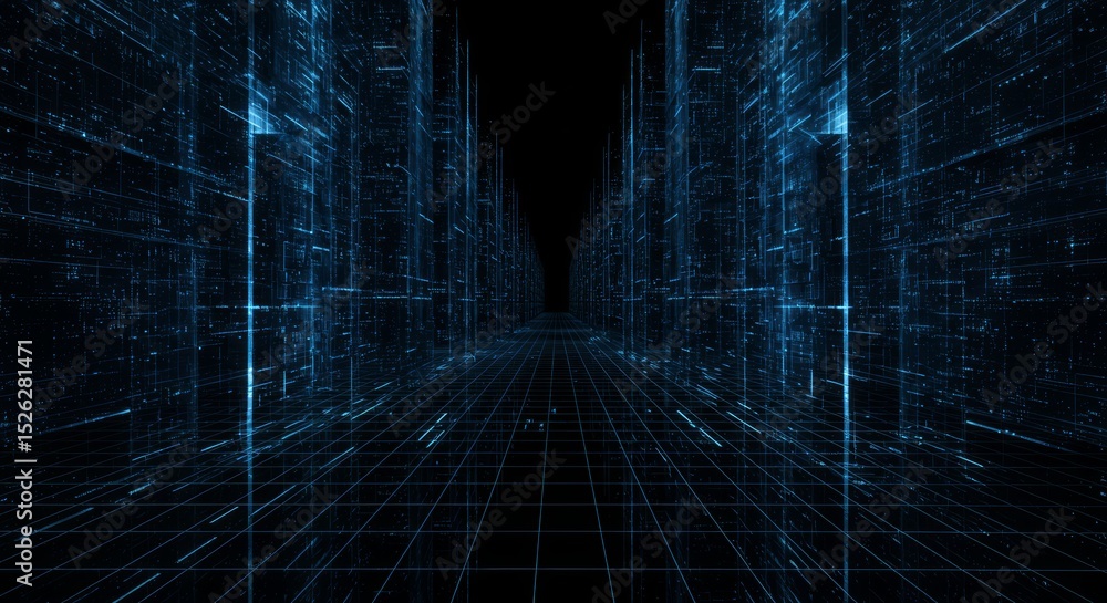 Aufkleber digital blue grid a futuristic abstract background with geometric shapes and lines in perspective