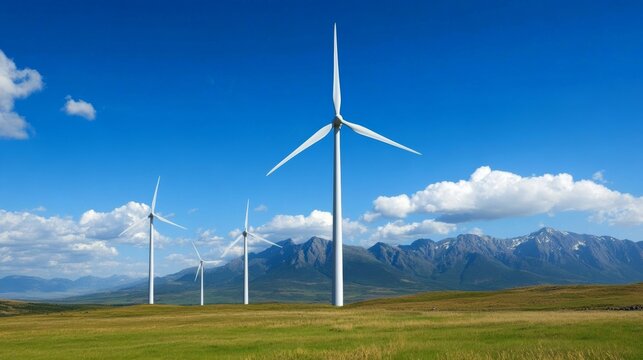 eco-friendly investment opportunities, wind turbines with investment data overlay, blue sky background,