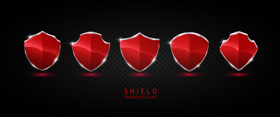 Set glass shield red translucent empty aluminum frame shiny modern 3D isolated on dark background. For text or logo. Protected guard privacy concept. Safety badge. Vector EPS10 illustration.