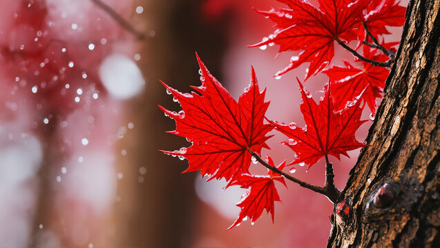 A close-up of a maple tree’s budding red leaves, textured bark and dewdrops in the background