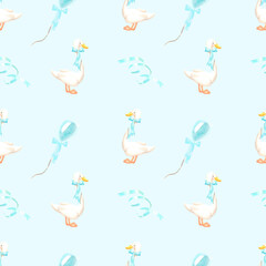 Watercolor seamless hand drawn delicate blue pattern with geese and balloons and confetti