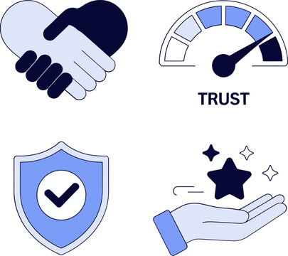Certified trust and contract icons displaying handshake deal, trust meter, protective badge and hand with shield.