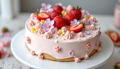 A two layer cake frosted with a smooth, pale cream. Fresh, bright red strawberries are sliced and arranged across the top surface, nestled amongst delicate piped rosettes and swirls of cream