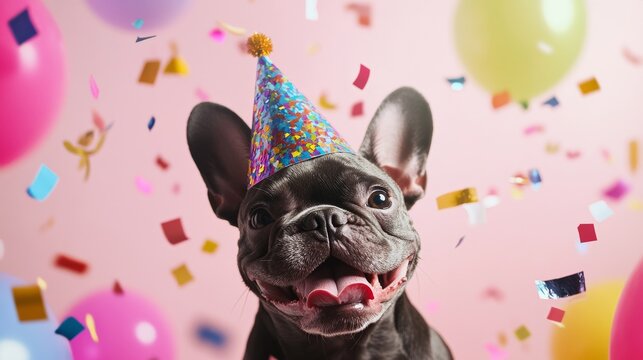A delighted French Bulldog celebrating 2025. Featuring colorful confetti and party hats