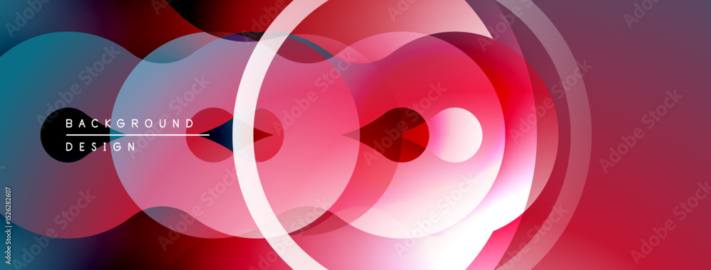 Poster Abstract composition. Overlapping circles, gradients create dynamic visual effect. Red, blue hues dominate design. Modern aesthetic.