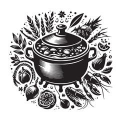 Cajun Cooking Pot with Seafood and Ingredients - Black and White Illustration