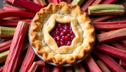A circular pie, golden brown crust crimped along the edge, sits nestled among vibrant, crimson and pale green rhubarb stalks