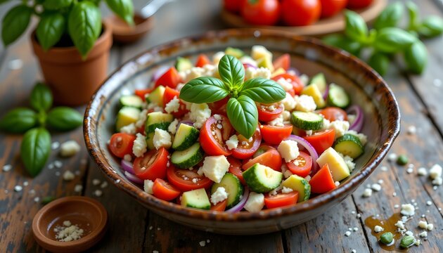 A vibrant and colorful salad, composed of diced ripe tomatoes, crisp cucumbers, red onions, and bell peppers, tossed with crumbled creamy cheese - Powered by Adobe