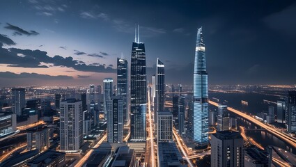 Obraz premium Aerial view of glowing skyscrapers and traffic light trails in modern city at night