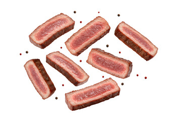 Falling medium steak pieces isolated on white or transparent background. PNG