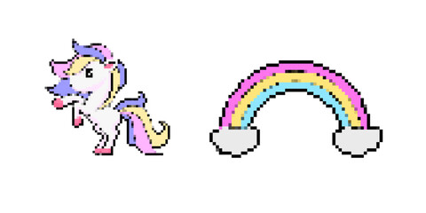 Unicorn and rainbow in pixel mosaic style. retro icons with vibrant colors showcase classic pixel art.
