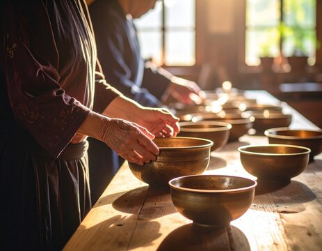 Inside a monastery kitchen during a silent meal, with ambient light and hands reaching for food, capturing a peaceful, spiritual moment.

