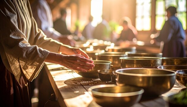 Inside a monastery kitchen during a silent meal, with ambient light and hands reaching for food, capturing a peaceful, spiritual moment.

