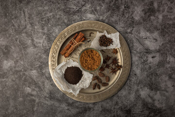 Spices for Indian masala tea on a metal try