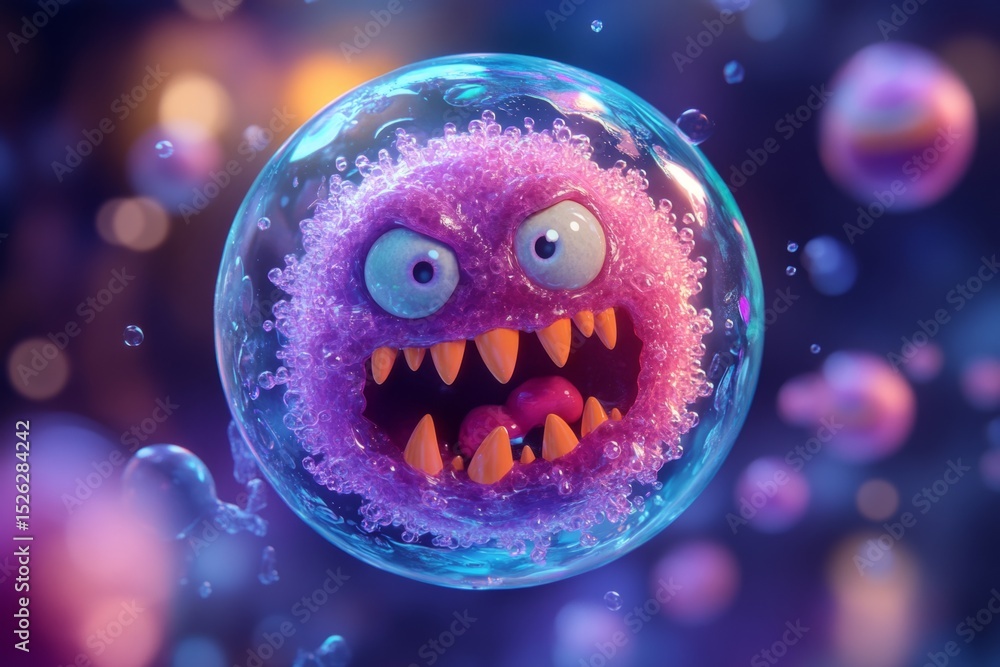 Poster microscopic view of an angry virus cell with sharp teeth, floating in a dark environment