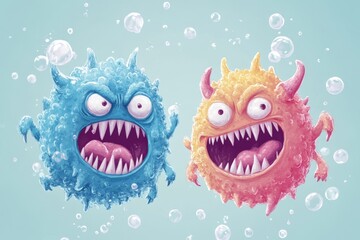 Two angry cartoon virus monsters are attacking, surrounded by floating bubbles, in this colorful illustration