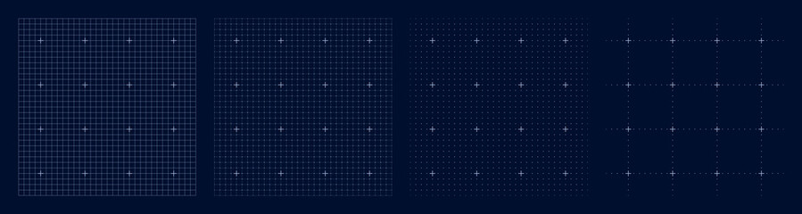 Dark digital grid set with multiple density options, UI interface elements, white cross points for design alignment, futuristic schematic visualization templates