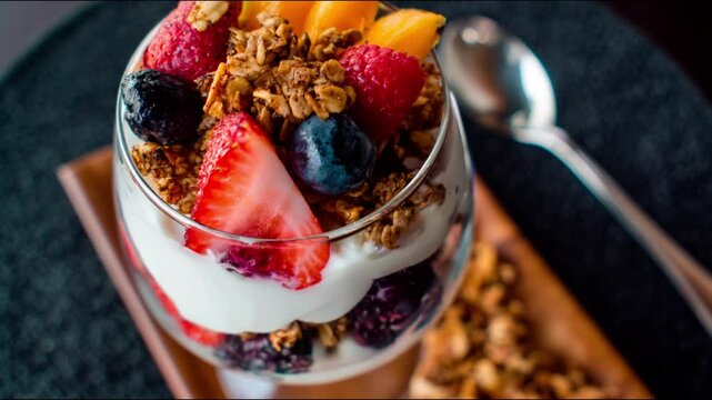 A delicious parfait beautifully presented in a clear glass.