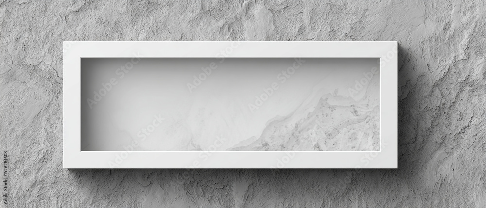 Poster white rectangular frame on a textured gray wall with a soft white background inside the frame space